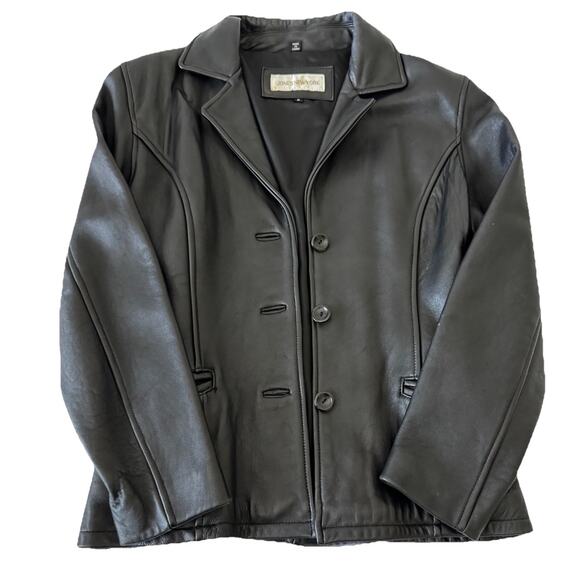 Jones New York Genuine Soft Leather Women Size S Black 3 Button Blazer Cinched - Picture 1 of 16